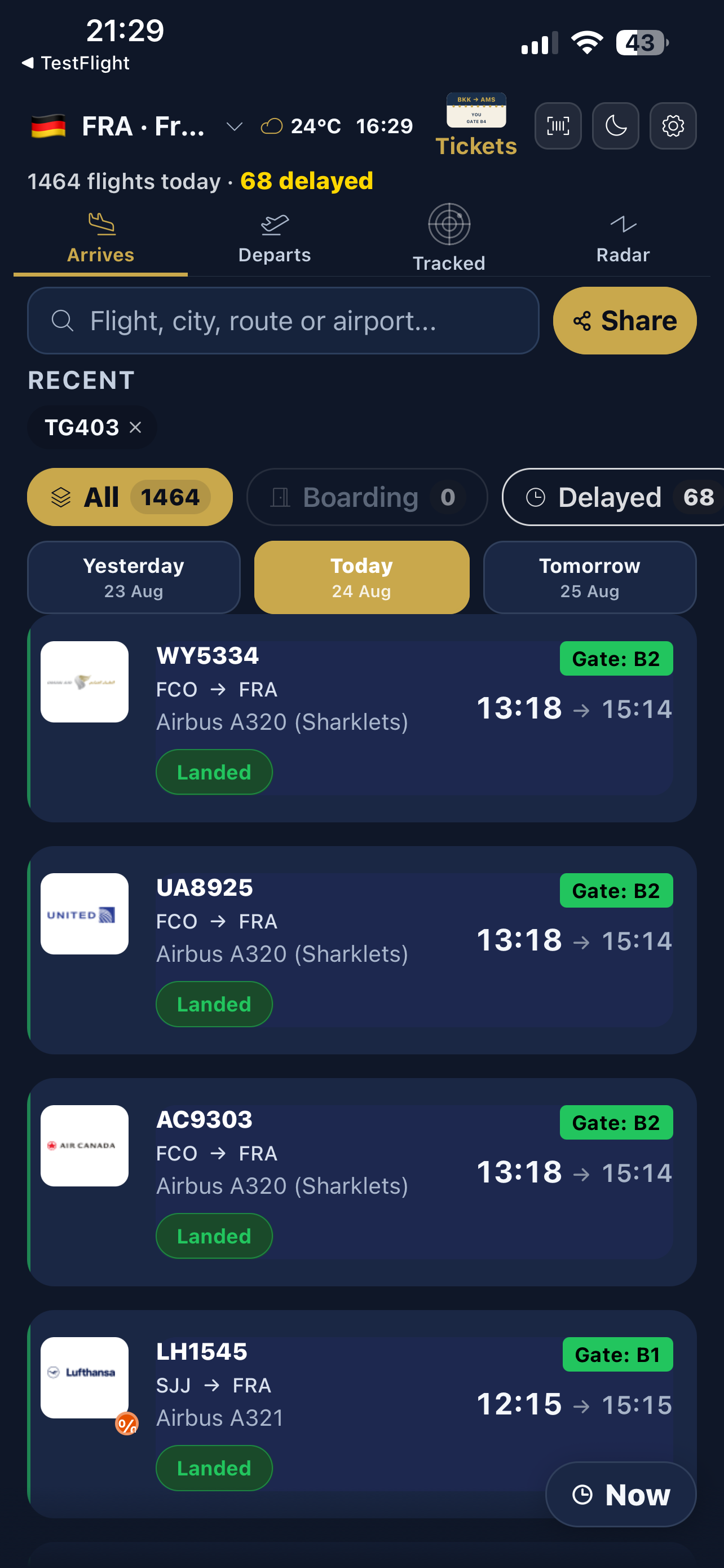 Airport arrivals board showing flights today