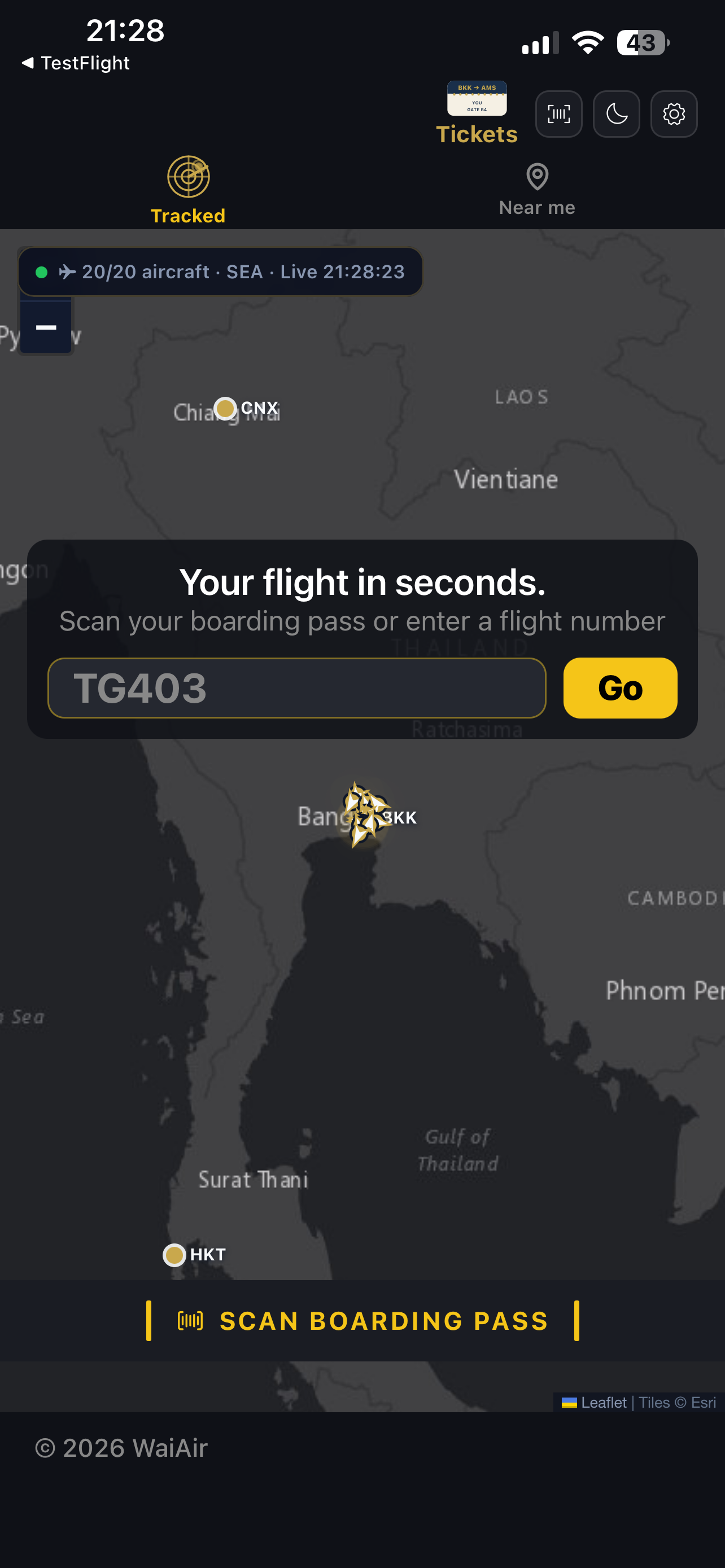 WaiAir live radar showing aircraft over Southeast Asia